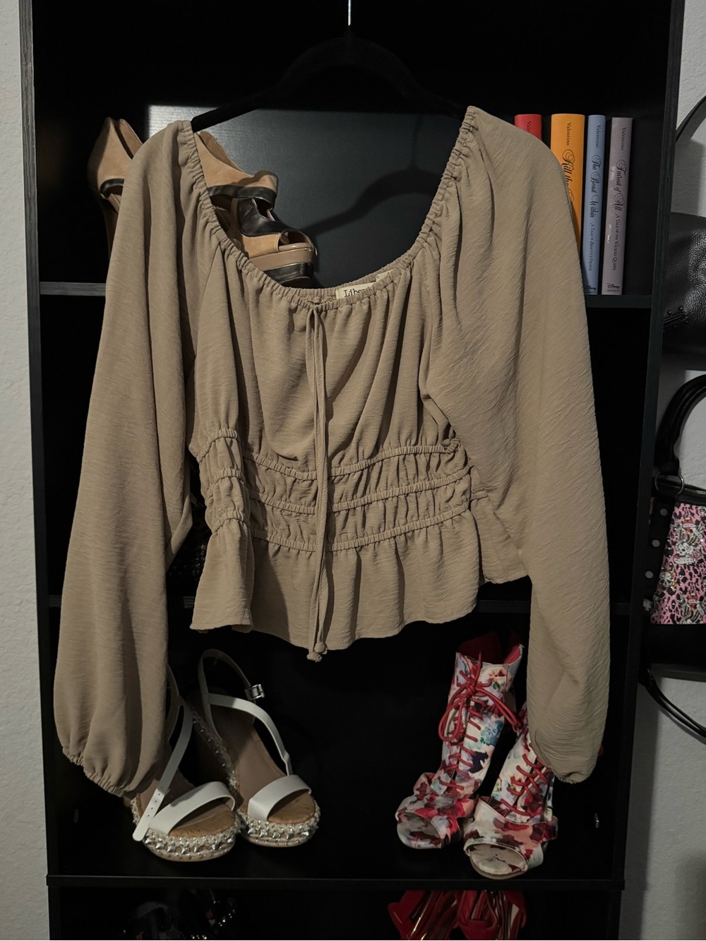 Liberty Love Sage Tan Peasant Blouse with Smocked Waist